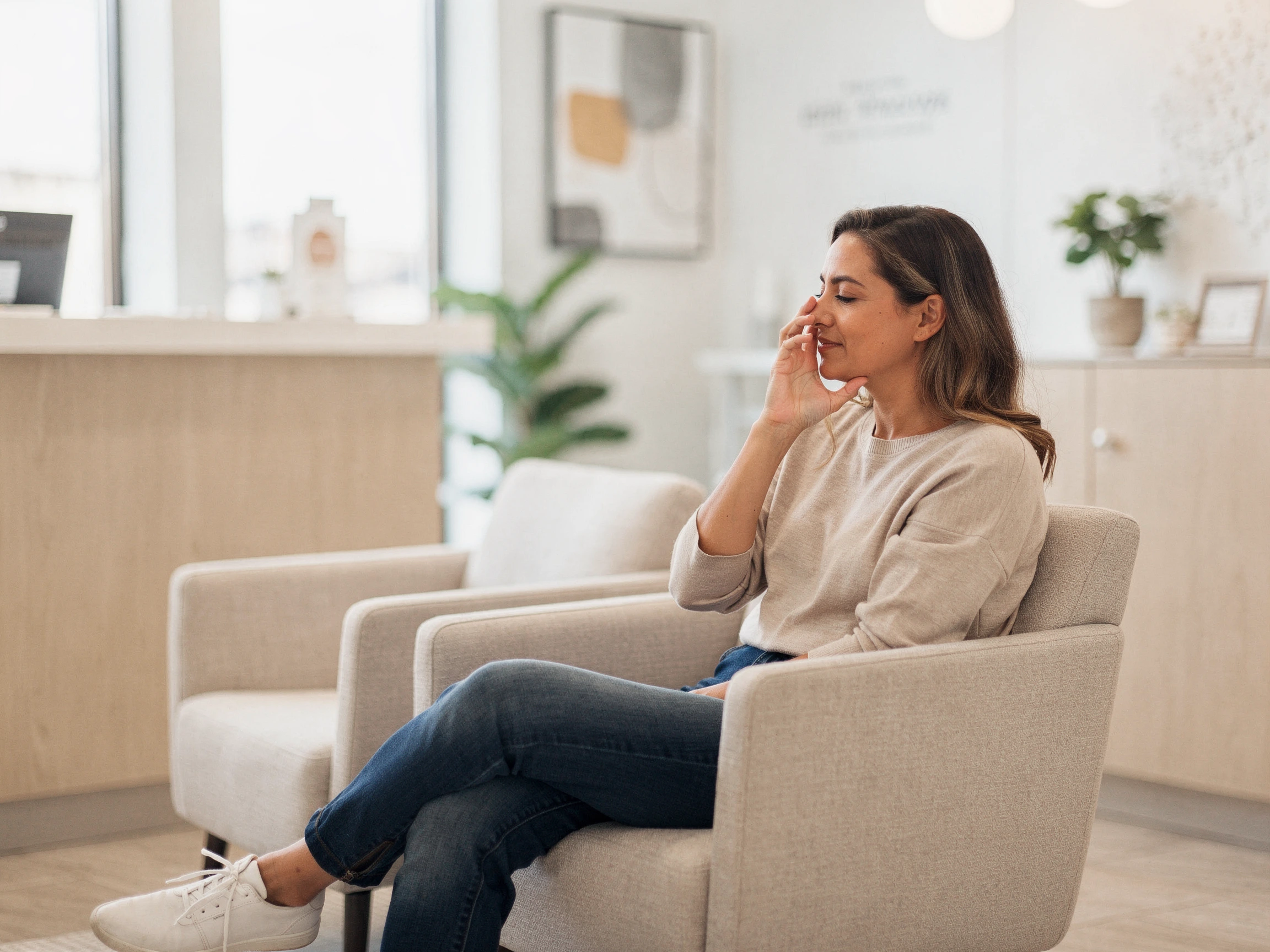 Woman sitting in a waiting room chair, touching her nose and face